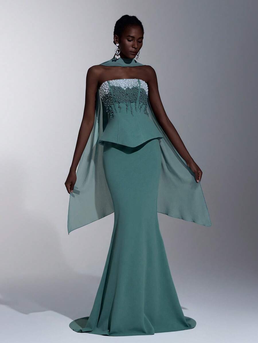 Elitara 优雅绿色高弹亮面针织无肩带领口奢华手工串珠水钻高腰修身鱼尾长裙，配可拆卸披肩，适合约会、度假、单身派对、婚礼、返校舞会、女士晚礼服 - 綠色 - 查看 1