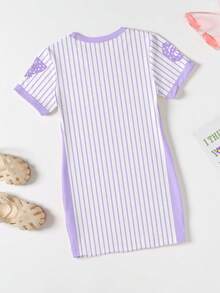 SHEIN 春夏女童休闲时尚创意清新简约紫色星星数字67竖条纹拼接字母标语印花宽松T恤裙，舒适夏秋装 - 彩色 - 查看 2