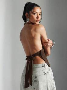 Denimoi Studded O-Ring Backless Halter Top - Coffee Brown - View 5