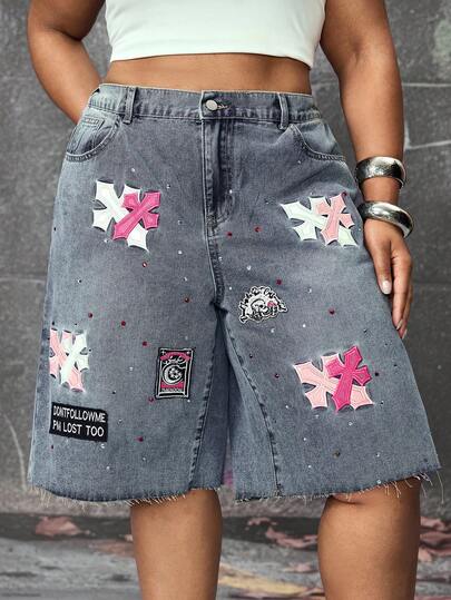 ROMWE Grunge Punk Plus Size Women's Cross Embroidery Pocket Loose Bermuda Denim Shorts