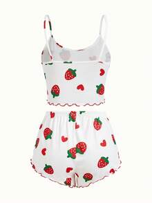 SHEIN Women's Strawberry Print Jacquard Ruffle Trim Camisole & Shorts Pajama Set - White - View 2