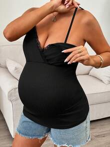 SHEIN Maternity Solid Color Contrast Lace Ribbed Camisole - Black - View 6