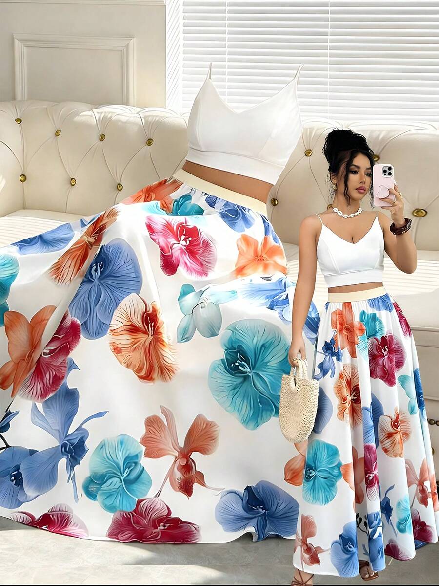 SHEIN 女士彩色印花收腰A字裙，魅力优雅通勤时尚约会休闲法式街头复古百搭春夏新款多色可选 - 彩色 - 查看 1