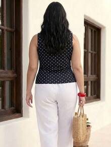 ELLERISSA 女士优雅方领褶皱波点吊带背心，黑白波点无袖修身吊带衫，休闲日常背心，大码女式上衣，叠穿上衣，波点方领背心，夏季穿着，度假上衣 - 黑色 - 查看 2