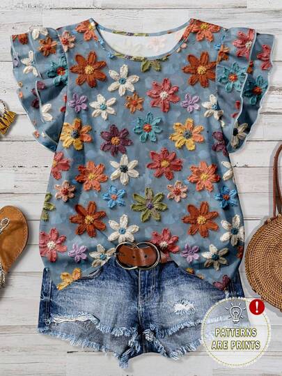 EMERY ROSE Colorful Floral Print Plus Size Women Shirt, Suitable For Vacation