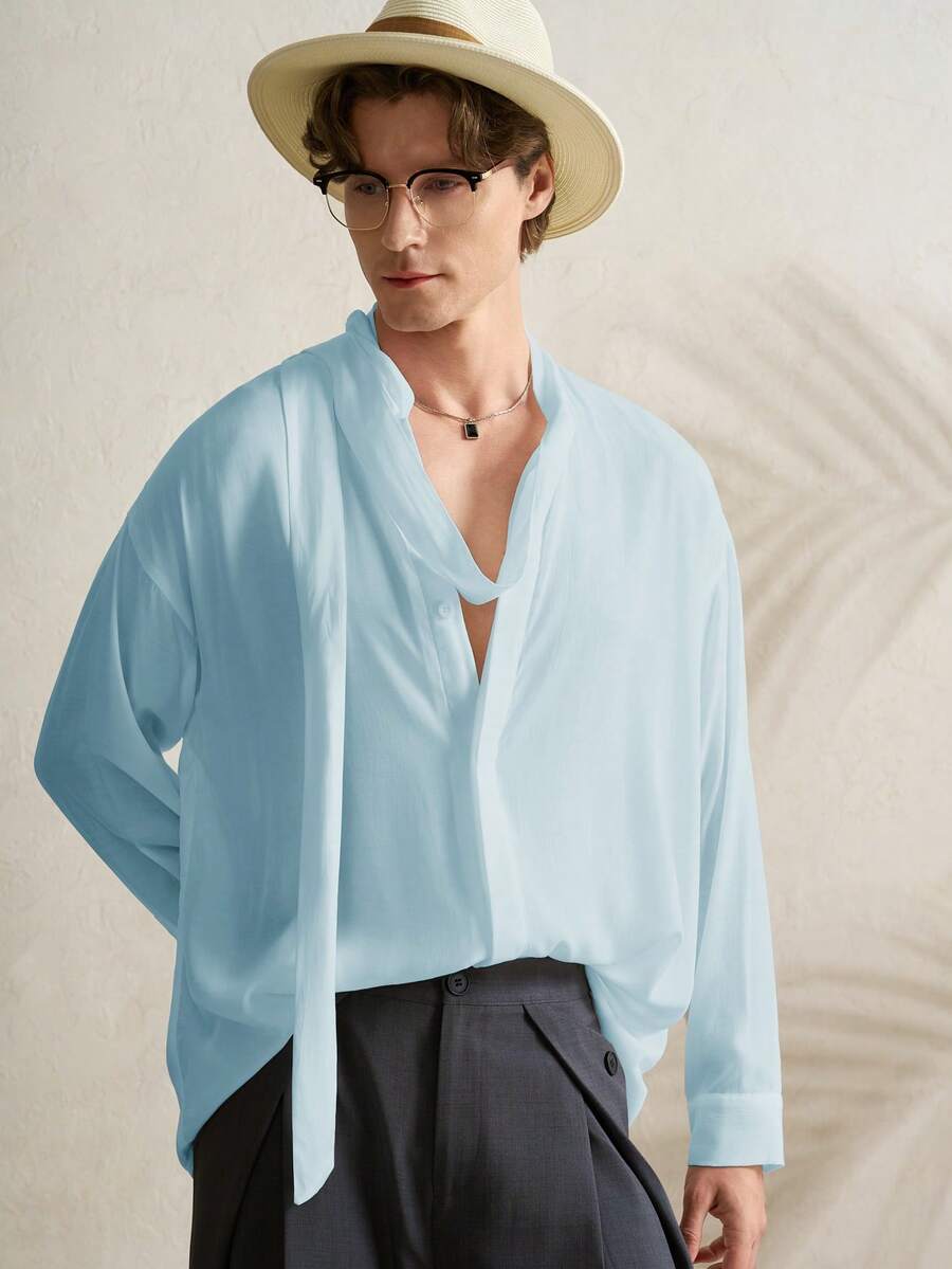 TONEVAULT 男士透視深V領長袖襯衫,春夏度假風外穿上衣,女款淺藍色雪紡衫 - 淺藍色 - 查看 1