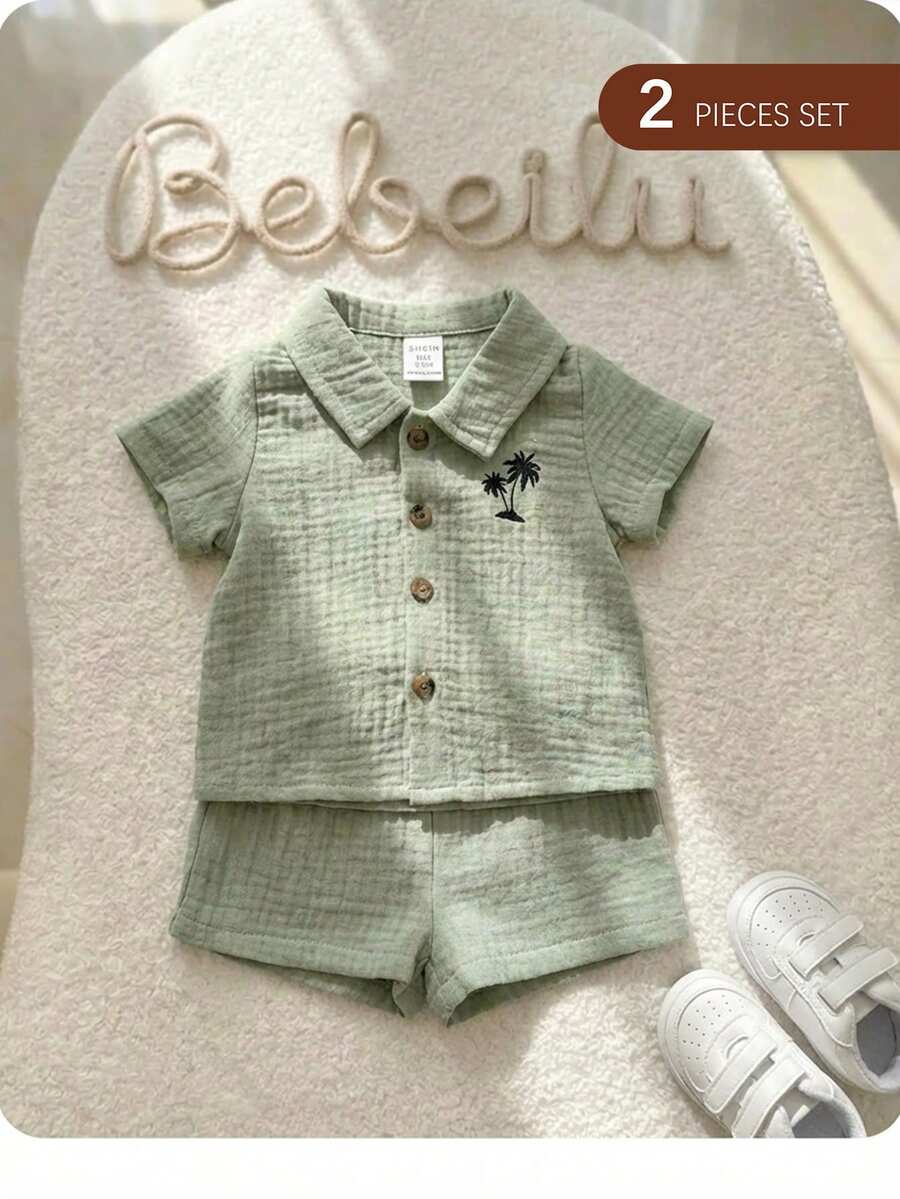 SHEIN Baby Boy Coconut Tree Print Shirt & Shorts - Mint Green - View 1