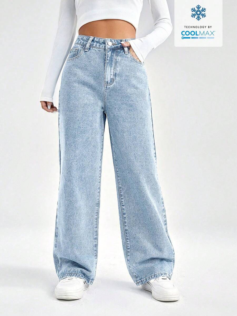 SHEIN EZwear 女士休闲日常通勤简约高腰宽松阔腿牛仔裤 - 藍色 - 查看 1