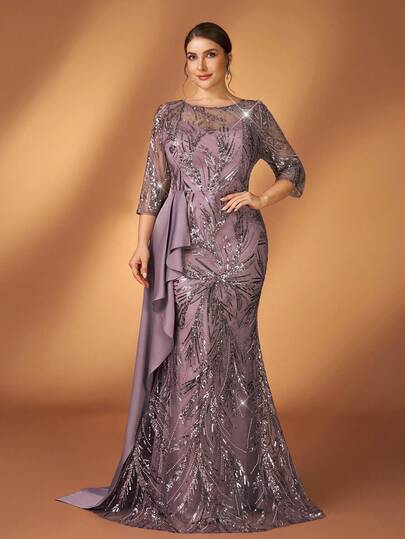 Serin Plus Size Elegant Luxurious Purple Sequin Embroidered Boat Neck 3/4 Sleeve Fitted Mermaid Hem Dress, Suitable For Evening Party, Gala, Date, Music Festival, Wedding, Mother Of The Bride
