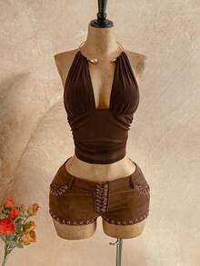 Soleia New Metallic Accent Knit Halter Neck Top, Suitable For Holiday, Date, Afternoon Tea, Beach, Cruise, Road Trip, Music Festival, Boho Vacation - Brown - View 5