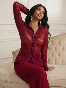 Anewsta Chic Modern Sexy Sheer Striped Knit Blouse Top For Women - Burgundy - View 4