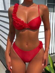 Swim SXY Bộ bikini hai mảnh màu trơn thời trang dành cho nữ mùa hè, gồm áo tắm và quần bơi tam giác. - Đỏ - Xem 3