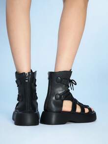 Sugerpunk Women's Wedge Heel Platform Sandals Summer Open-Toed Roman Beach Sandals Wedge Heel Platform Dark Rock Punk Shoes High-Top Cool Boots 2000s Style Summer Shoes - Black - View 6