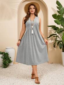 EMERY ROSE Đầm mùa hè dáng rộng không tay màu xám trơn dành cho nữ cỡ lớn - Xám - Xem 6