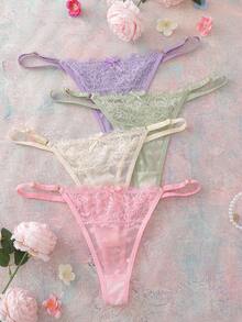 Charlaine 5pcs/Pack Women's Low-Rise Lace Thong Panties, Random Heart Pattern - Multicolor - View 5
