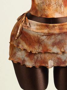 Zestiva 女士三件套泳装，扎染印花，串珠挂脖式领口，收腰设计，搭配多层吊带裙，夏季款 - 橘色 - 查看 7