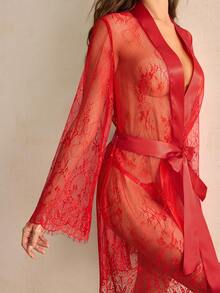 Red Lace Sexy Long Sleeve Robe For Women - Red - View 4