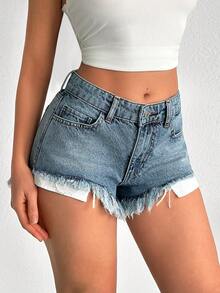 SHEIN 100% Cotton Mid Waist Washed Denim Short - Light Wash - View 5