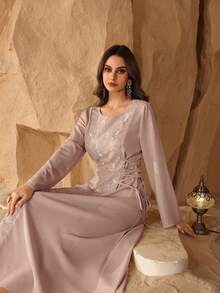 Al Najma Đầm kiểu Ả Rập cổ tròn thanh lịch đính sequin và thêu dành cho phụ nữ - Hồng - Xem 5