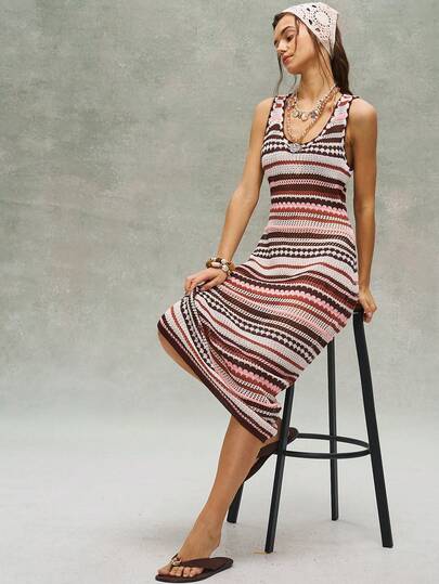 Bohemela 复古多色条纹针织饰边毛衣连衣裙