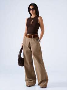 LYSMO 女士纯色镂空设计露脐休闲背心 - 咖啡棕 - 查看 3