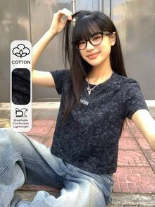 DAZY 女士圆领字母图案休闲百搭日常短袖T恤 - 黑色 - 查看 1