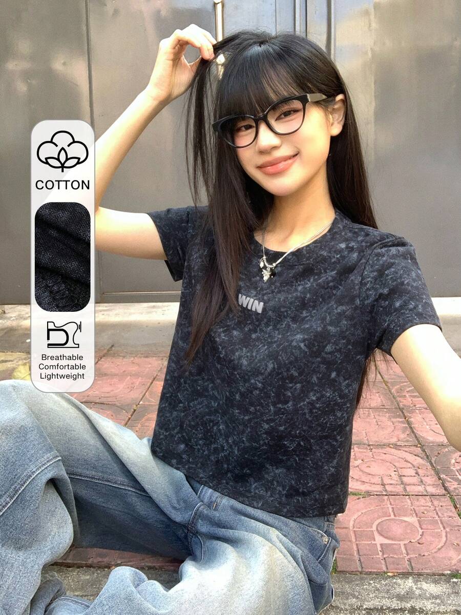 DAZY 女士圆领字母图案休闲百搭日常短袖T恤 - 黑色 - 查看 1