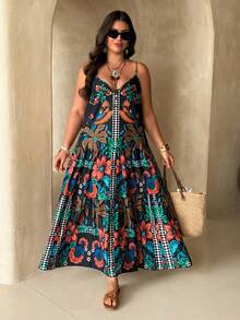 Ceyna Plus Size Vintage Black Floral Print V-Neck Sleeveless Tiered Hem Maxi Dress,Women's Summer Boho Beach Holiday Mexican Style Tropical Resort Wear - Multicolor - View 7