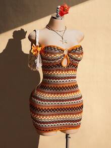 SHEIN ICON Plus Size Bohemian Textured Fabric Cutout Bust Bodycon Mini Dress Body Fitting Dress Women One Piece Dress - Multicolor - View 4