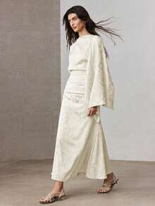 ZEYLAH Jacquard Asymmetric Shoulder Fitted Mid-Length Dress, Autumn Dinner Date Beige Elegant - Apricot - View 5