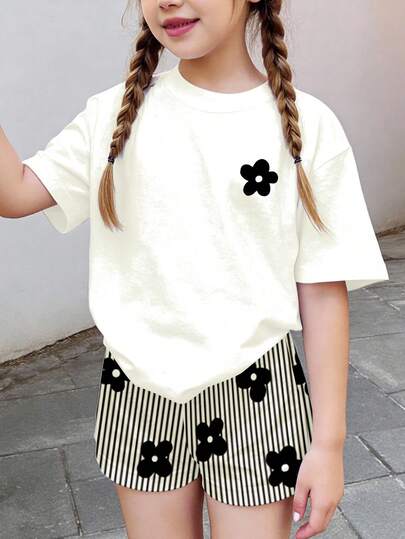 SHEIN 2pcs/Set Young Girl Floral Print Round Neck Short Sleeve T-Shirt And Shorts, Casual Minimalist Style, Suitable For Summer