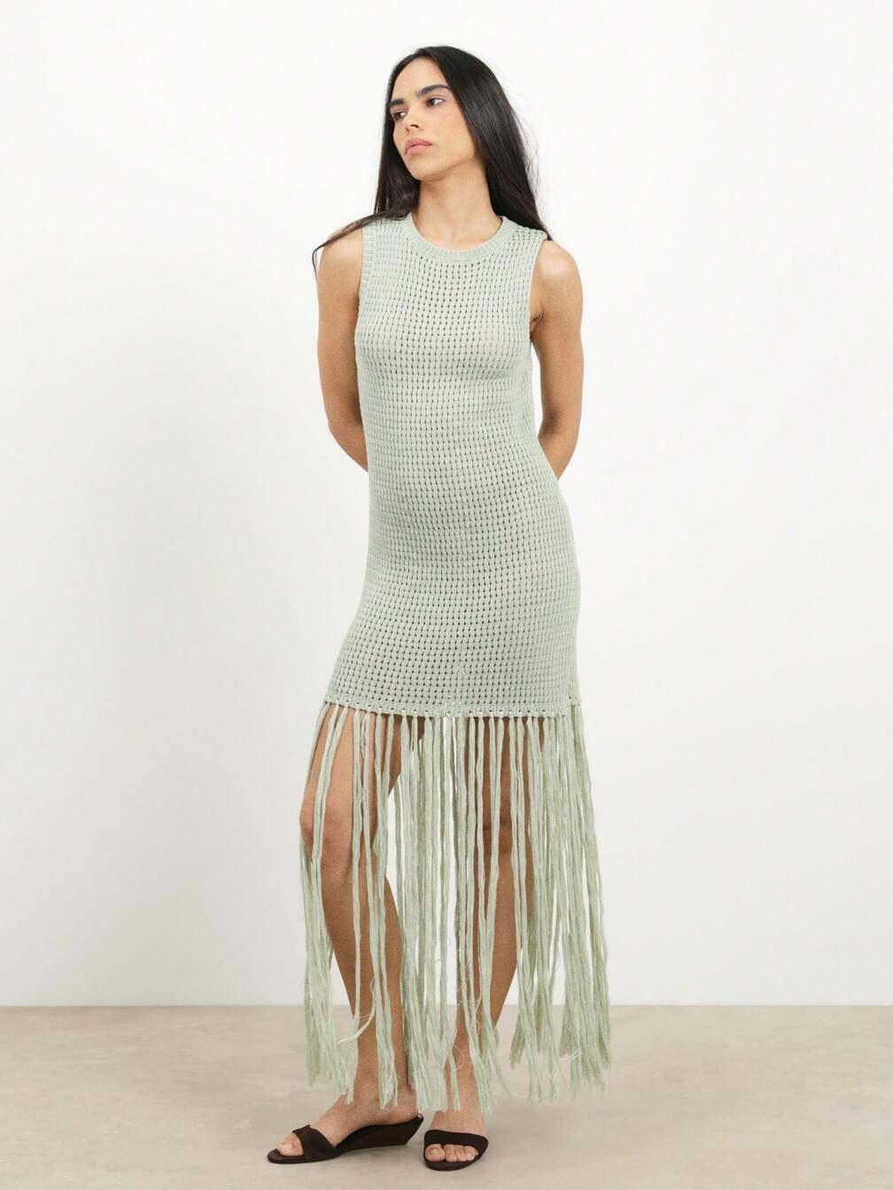 sage green knitted dress KSTM Women's Sleeveless Midi Knit With Long Fringe Hem Detail Crew Neck Bodycon Spring Summer Casual Party Wear,L Bridal Pakistani Suit