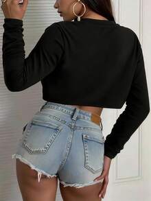 INAWLY Women's Short Top, Basic Style, Round Neck, Long Sleeves, Traceable Cotton, Slim Fit For Comfort - Black - View 2