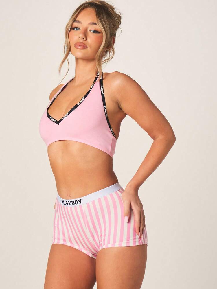 Missguided x Playboy Women's Striped Boyshort Underwear With Elastic Waistband Logo Loungewear Intimates Comfort Casual Daily Wear