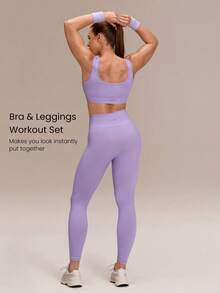 GLOWMODE Set Bra Olahraga Ultra Halus Lembut Tanpa Jahitan dengan Leher Persegi, Cup yang Dapat Dilepas, Bergaris di Bawah Dada, dan Legging Pengangkat Bokong 24" untuk Lari, Latihan, dan Gym. - Lilac Dream - View 2