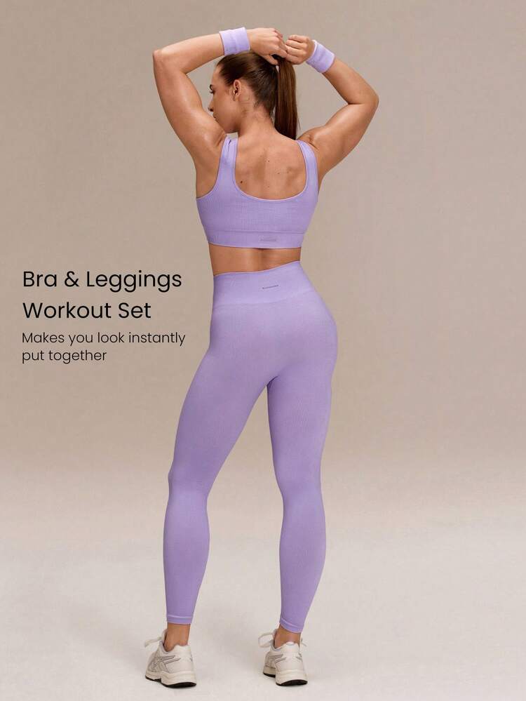 Ultrafine Soft Seamless Square Neckline Removable Cups Ribbed Underbust Sports Bra & 24" Scrunch Butt Lifting Leggings Set Training Running Workout Gym Wear
