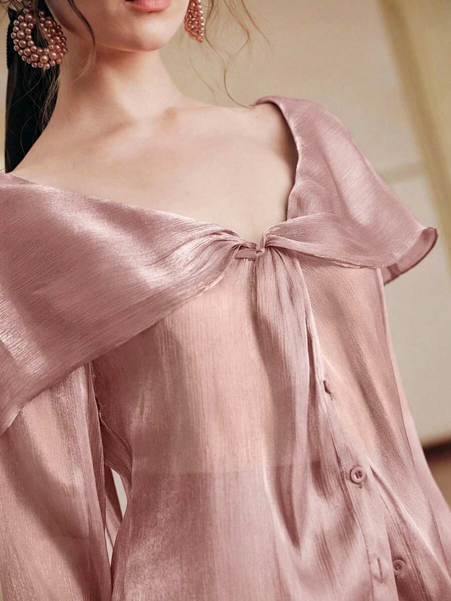Áo kiểu nữ Anewsta màu tím thanh lịch tay dài cổ chữ V khoét ngực, thiết kế thắt nút xoắn phía trước vai, chất vải nhẹ bóng, thích hợp cho mùa xuân, hè, đi chơi, dự tiệc, thường ngày, ngày Valentine. - Bụi hồng - Xem 1