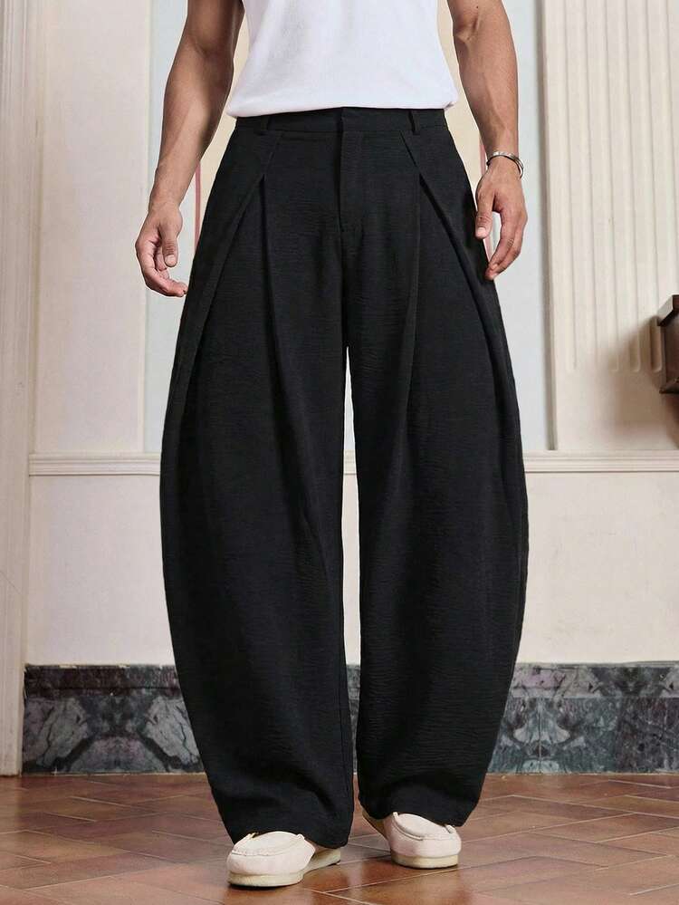 SWAVVY Men's Dark Grey Striped Pleated Loose Wide-Leg Pants,Autumn