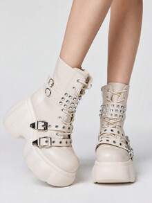 ROMWE Grunge Punk Women Heeled Sandals~ 2026 New Fashion Autumn And Winter Punk Style Beige PU Round Toe Wedge Heel Thick Bottom Rivet Metal Buckle Front Zipper Small High Heel Riding Boots Hot Girls Ankle Boots - Beige - View 6