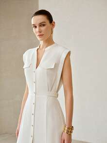 MOTF PREMIUM FASHIONABLE DESIGN SLEEVELESS WAIST TIE ADJUSTABLE LINEN MIDI DRESS FOR WOMEN - White - View 5