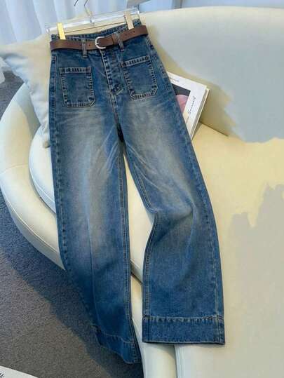 Pantalones vaqueros de piernas anchas para mujeres, tejidos sólidos, botones, materiales opacos y micro - elástico, todos los artículos