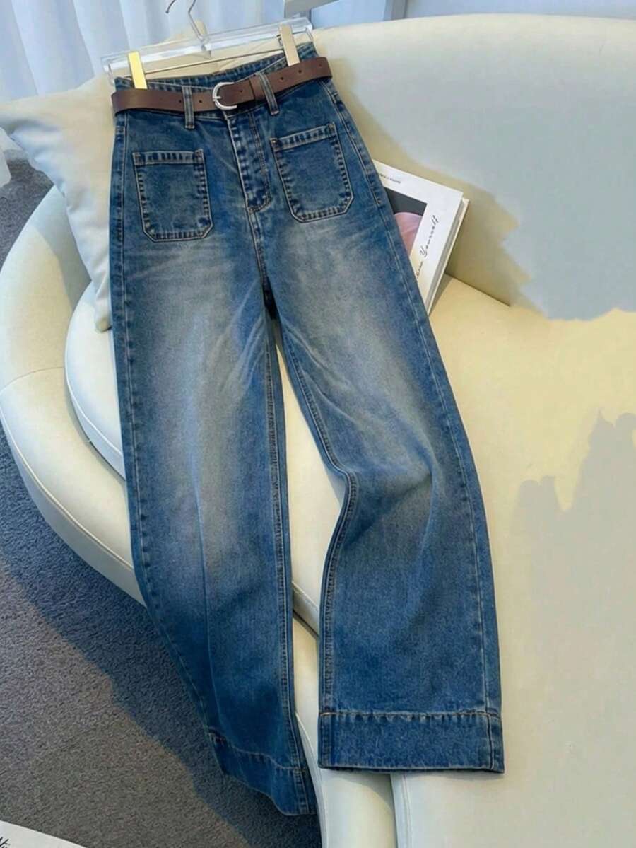 Pantalones vaqueros de piernas anchas para mujeres, tejidos sólidos, botones, materiales opacos y micro - elástico, todos los artículos - Lavado ligero - Ver 1