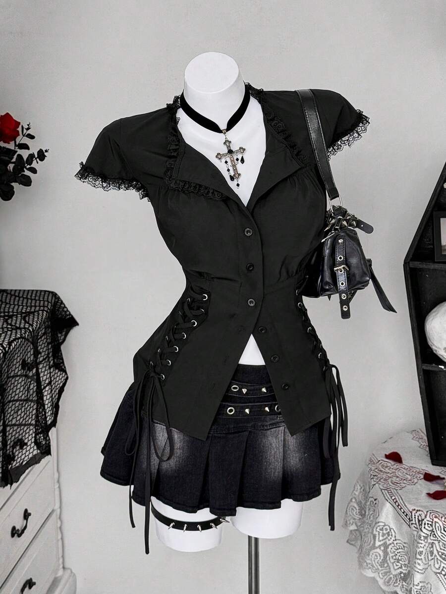 Áo sơ mi cỡ lớn phong cách Gothic tối màu thắt eo bên hông - màu đen - Xem 1