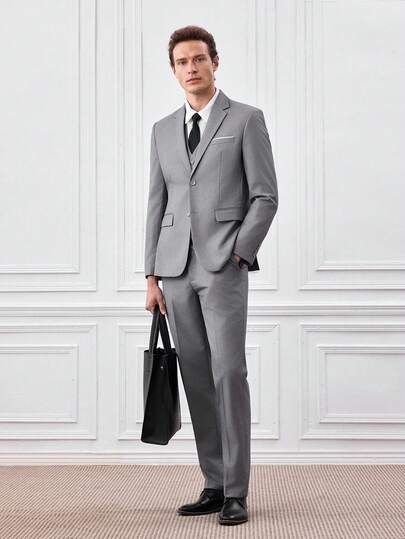 Officeau 3 PiecesMen's Suit Set: Fashion Long Sleeve Blazer, Vest, And Trousers For Wedding, Party