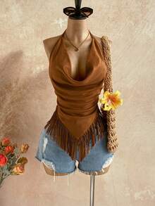 Soleia Áo kiểu nữ thường ngày, kiểu dáng đi nghỉ mát, có tua rua ở gấu áo, cổ yếm và lưng hở. - màu nâu - Xem 4