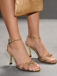 CUCCOO SZL 女士经典简约闪亮水钻细高跟凉鞋交叉绑带设计宴会派对舞蹈性感时尚晚宴通勤女鞋 - 金色 - 查看 1