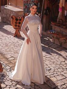 Aureia Đầm maxi satin tay voan mỏng, sang trọng, đính hạt cườm, thích hợp cho đám cưới, tiệc tùng, kỳ nghỉ, dạ hội, lễ hội, váy cưới. - trắng - Xem 5