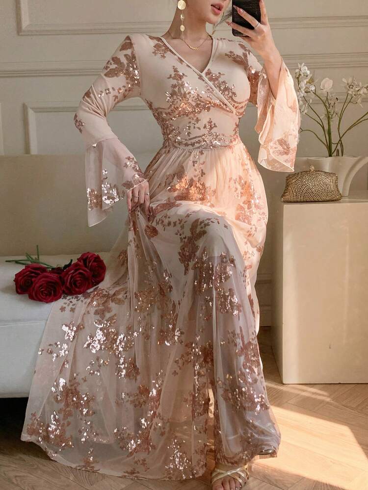 Spring & Summer Sequin Shiny Gold Floral Print Maxi Dress, Elegant For Valentine's Day, Wedding, Party, Banquet, Fashion Event, Flared Sleeves, Ruffle Hem, Waist Cinched, Mesh Long Sleeve, Mid-Length For Women Sundress