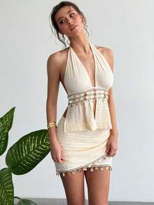 Aloruh 女士休闲优雅度假提花两件套，沙滩装，音乐会套装，贝壳边露背上衣和迷你裙。绝美海岛装扮 - 杏色 - 查看 7