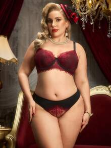 Plus Size Women's Underwire Single Layer Lace Bralette & Mid-Waist Mesh Panty 2-Piece Set - Black - View 4